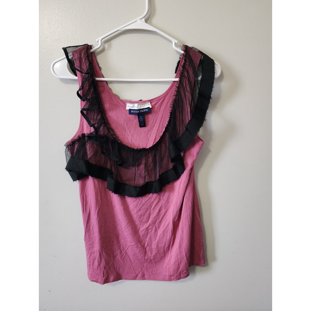 Andrea Behar Boston Proper Pink Ruffle Mesh Trim Tank Top Sleeveless Large